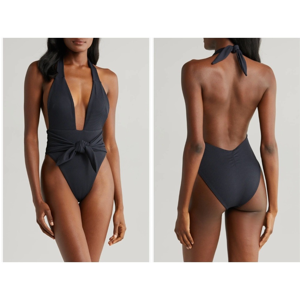 Montce Tropez Tie Waist Halter One Piece Swimsuit Black Medium NWOT